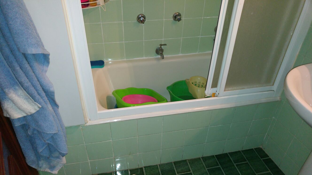Baño antes de la reforma: bañera con azulejo verde antiguo y mampara de aluminio