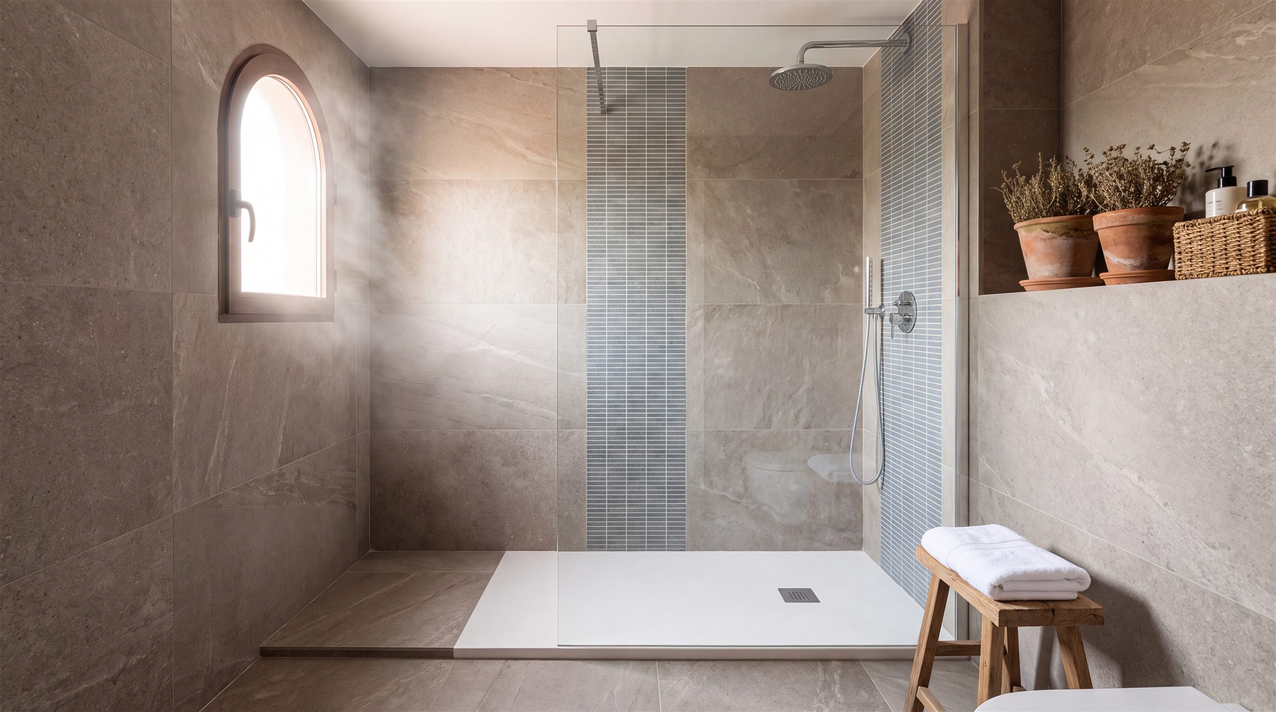 Baño reformado con ducha de obra y mampara de vidrio, luz de mañana (ambiente ilustrativo)